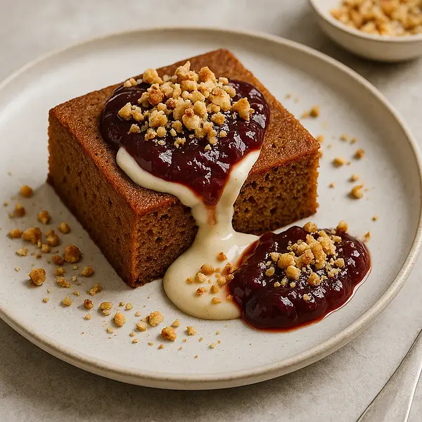 Modern Spiced Gingerbread with Plum Jam and Nut Crumble