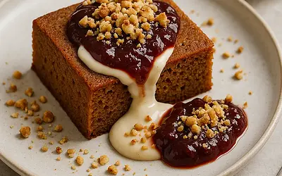 Nowoczesny piernik korzenny z powidłami śliwkowymi i orzechowym crumble