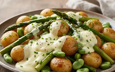 Young Potatoes with Roasted Asparagus, Broad Beans, and Creamy Egg Sauce with Buttermilk