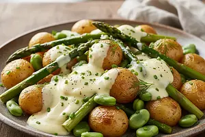 Young Potatoes with Roasted Asparagus, Broad Beans, and Creamy Egg Sauce with Buttermilk