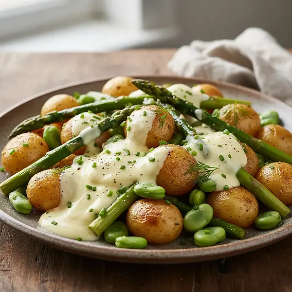 Young Potatoes with Roasted Asparagus, Broad Beans, and Creamy Egg Sauce with Buttermilk
