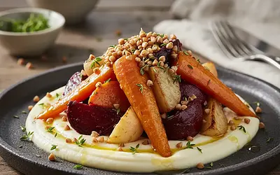 Honey-Thyme Root Vegetables with Parsnip Purée and Crispy Buckwheat