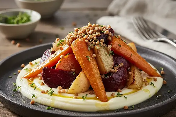 Miodowo-Tymiankowe Warzywa Korzeniowe z Purée z Pasternaku i Chrupiącą Kaszą Gryczaną