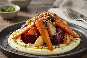 Miodowo-Tymiankowe Warzywa Korzeniowe z Purée z Pasternaku i Chrupiącą Kaszą Gryczaną