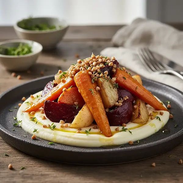 Honey-Thyme Root Vegetables with Parsnip Purée and Crispy Buckwheat