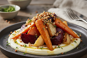 Miodowo-Tymiankowe Warzywa Korzeniowe z Purée z Pasternaku i Chrupiącą Kaszą Gryczaną