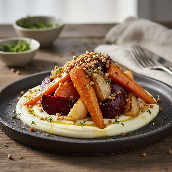 Honey-Thyme Root Vegetables with Parsnip Purée and Crispy Buckwheat