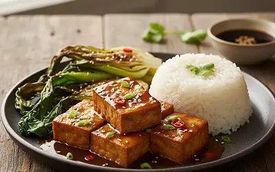 Glazed Fermented Tofu in Umami Sauce with Sticky Rice and Crispy Pak Choi
