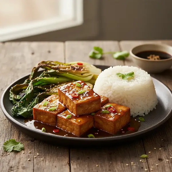 Glazurowane Fermentowane Tofu w Sosie Umami z Kleistym Ryżem i Chrupiącym Pak Choi