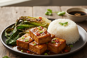Glazed Fermented Tofu in Umami Sauce with Sticky Rice and Crispy Pak Choi