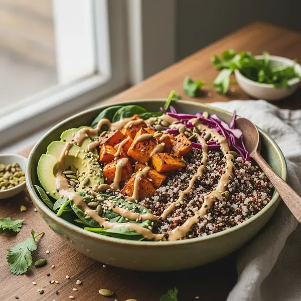 Buddha Bowl Mocy z Pieczonym Batatem, Quinoa i Orzechowym Sosem Tahini
