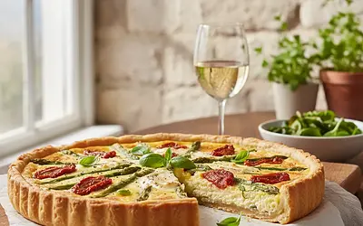 Three Cheese Lactose-Free Tart with Asparagus and Sun-Dried Tomatoes