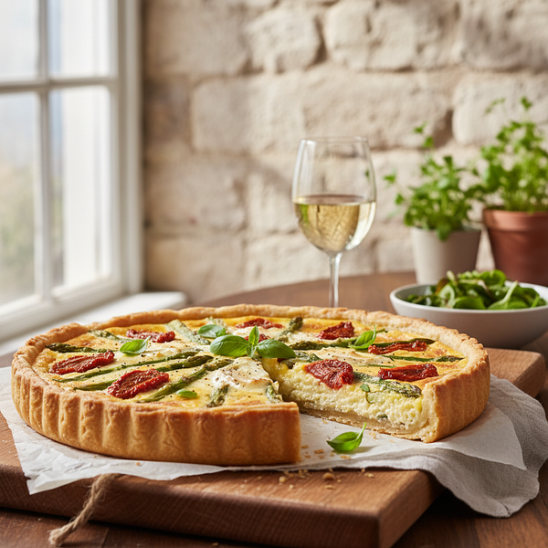 Three Cheese Lactose-Free Tart with Asparagus and Sun-Dried Tomatoes