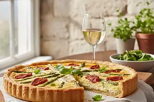 Three Cheese Lactose-Free Tart with Asparagus and Sun-Dried Tomatoes