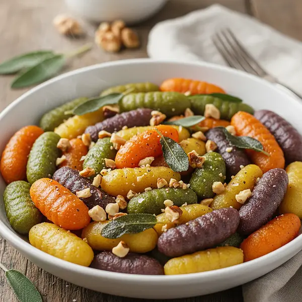 Tęczowe Gnocchi Dyniowe z Masłem Szałwiowym i Chrupiącymi Orzechami