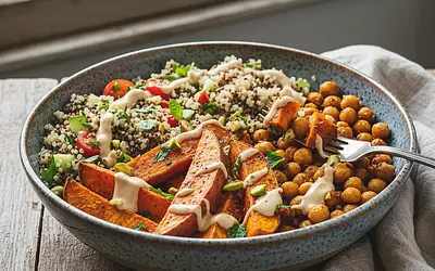 Plate of Abundance: Baked Sweet Potatoes with Tahini Sauce, Spicy Chickpeas, and Quinoa Salad