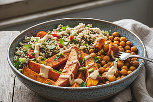 Plate of Abundance: Baked Sweet Potatoes with Tahini Sauce, Spicy Chickpeas, and Quinoa Salad