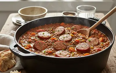One-Pot Campers' Lentils with Smoked Sausage