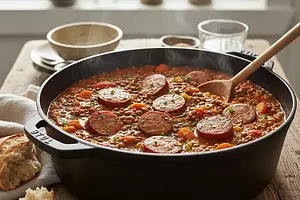 One-Pot Campers' Lentils with Smoked Sausage