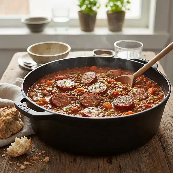 One-Pot Campers' Lentils with Smoked Sausage