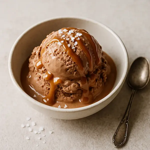 Creamy chocolate ice cream with mascarpone and salted caramel