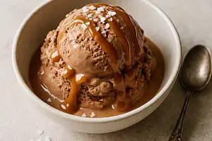 Creamy chocolate ice cream with mascarpone and salted caramel