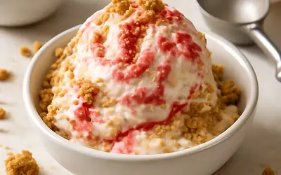 Kremowe lody bez maszyny z truskawkowym swirl i ciasteczkową kruszonką