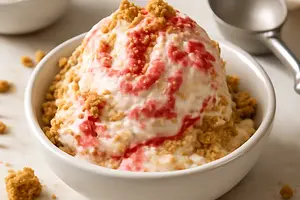 Kremowe lody bez maszyny z truskawkowym swirl i ciasteczkową kruszonką