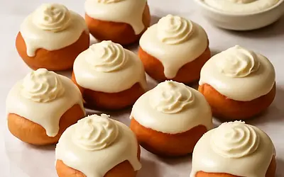 Mini pączki budyniowe z kremem waniliowo-mascarpone i polewą białoczekoladową