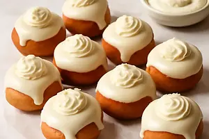 Mini custard doughnuts with vanilla-mascarpone cream and white chocolate glaze