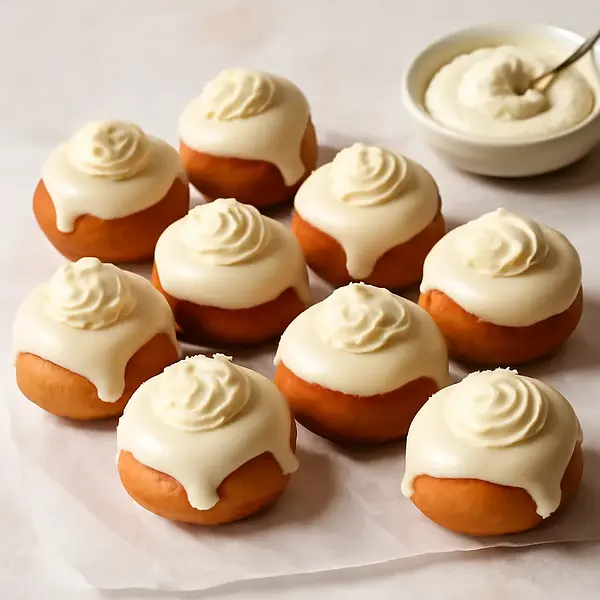 Mini pączki budyniowe z kremem waniliowo-mascarpone i polewą białoczekoladową