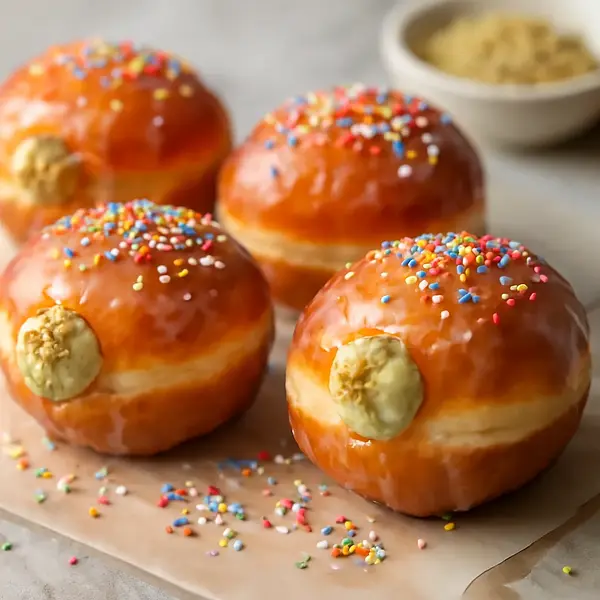 Brioche doughnuts with pistachio-mascarpone cream and glazed topping