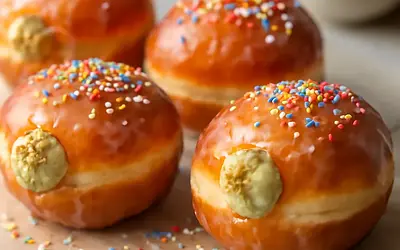 Brioche doughnuts with pistachio-mascarpone cream and glazed topping