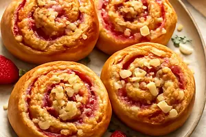 Ślimaczki drożdżowe z truskawkowym budyniem i migdałową kruszonką