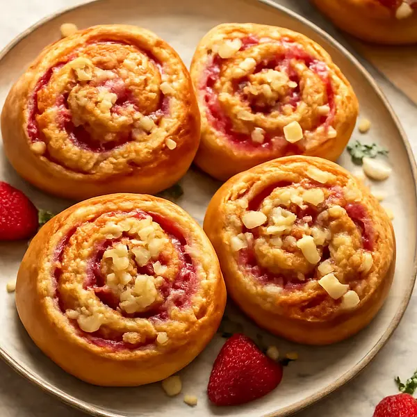 Ślimaczki drożdżowe z truskawkowym budyniem i migdałową kruszonką