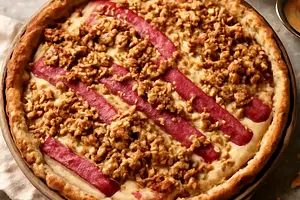 Rustic rhubarb pie with vanilla custard cream and oat crumble