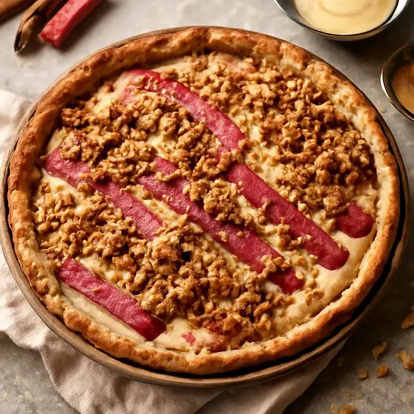 Rustic rhubarb pie with vanilla custard cream and oat crumble