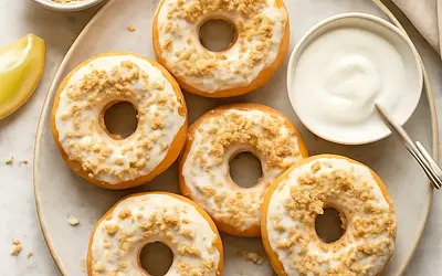 Baked cheese-lemon donuts with yogurt glaze and coconut crumble