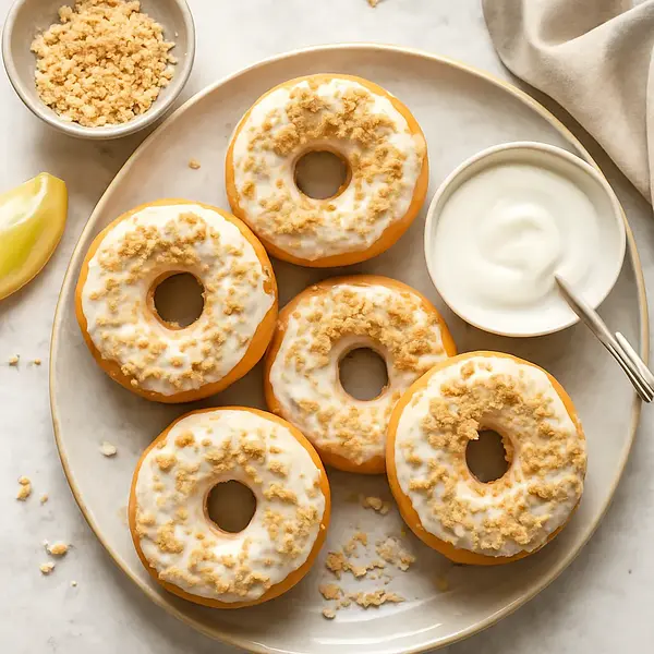 Baked cheese-lemon donuts with yogurt glaze and coconut crumble