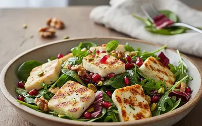 Quick Salad with Warm Halloumi, Pomegranate, and Nuts