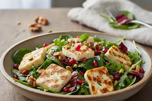 Błyskawiczna Sałatka z Ciepłym Halloumi, Granatem i Orzechami
