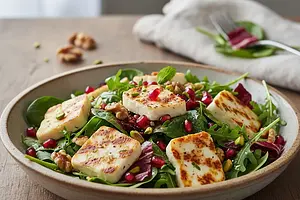Quick Salad with Warm Halloumi, Pomegranate, and Nuts