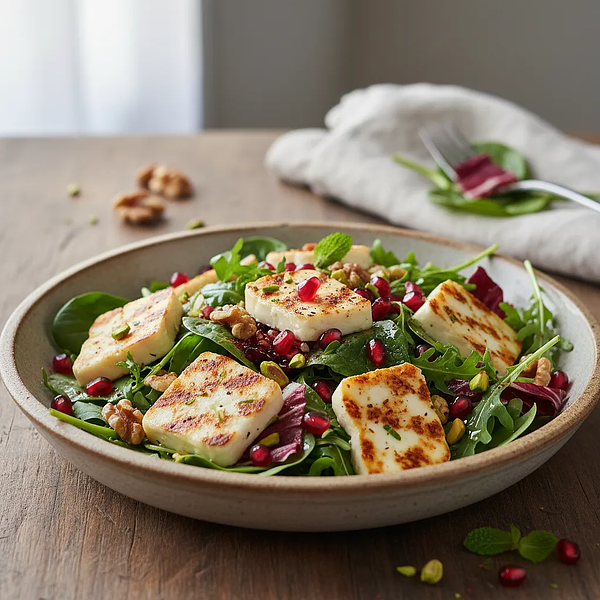 Quick Salad with Warm Halloumi, Pomegranate, and Nuts