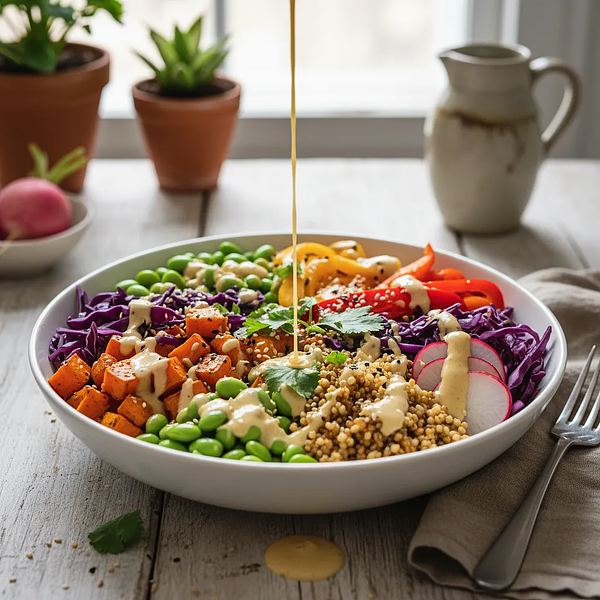 Rainbow Power Bowl with Millet, Roasted Sweet Potatoes, and Tahini-Citrus Sauce