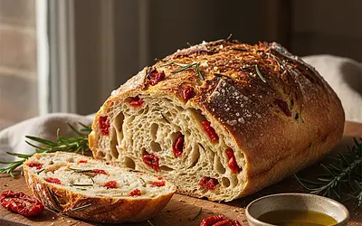 Domowy chlebek na zakwasie z suszonymi pomidorami i rozmarynem