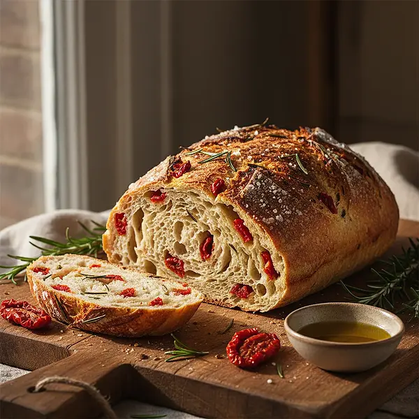 Homemade sourdough bread with sun-dried tomatoes and rosemary