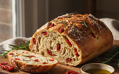 Domowy chlebek na zakwasie z suszonymi pomidorami i rozmarynem