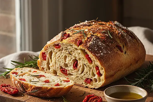 Domowy chlebek na zakwasie z suszonymi pomidorami i rozmarynem