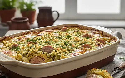 Creamy Young Cabbage Casserole with White Sausage under Dill Crumble