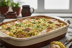 Creamy Young Cabbage Casserole with White Sausage under Dill Crumble